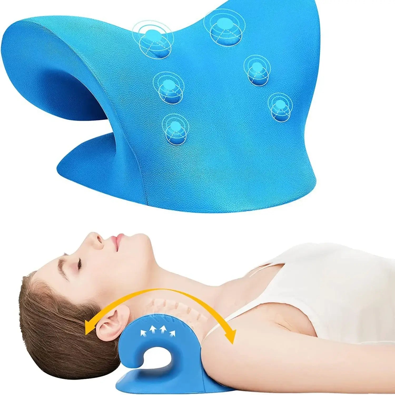 ElvoraPro™ CerviAlign™ Neck & Shoulder Relaxer with a person using it for neck pain relief.