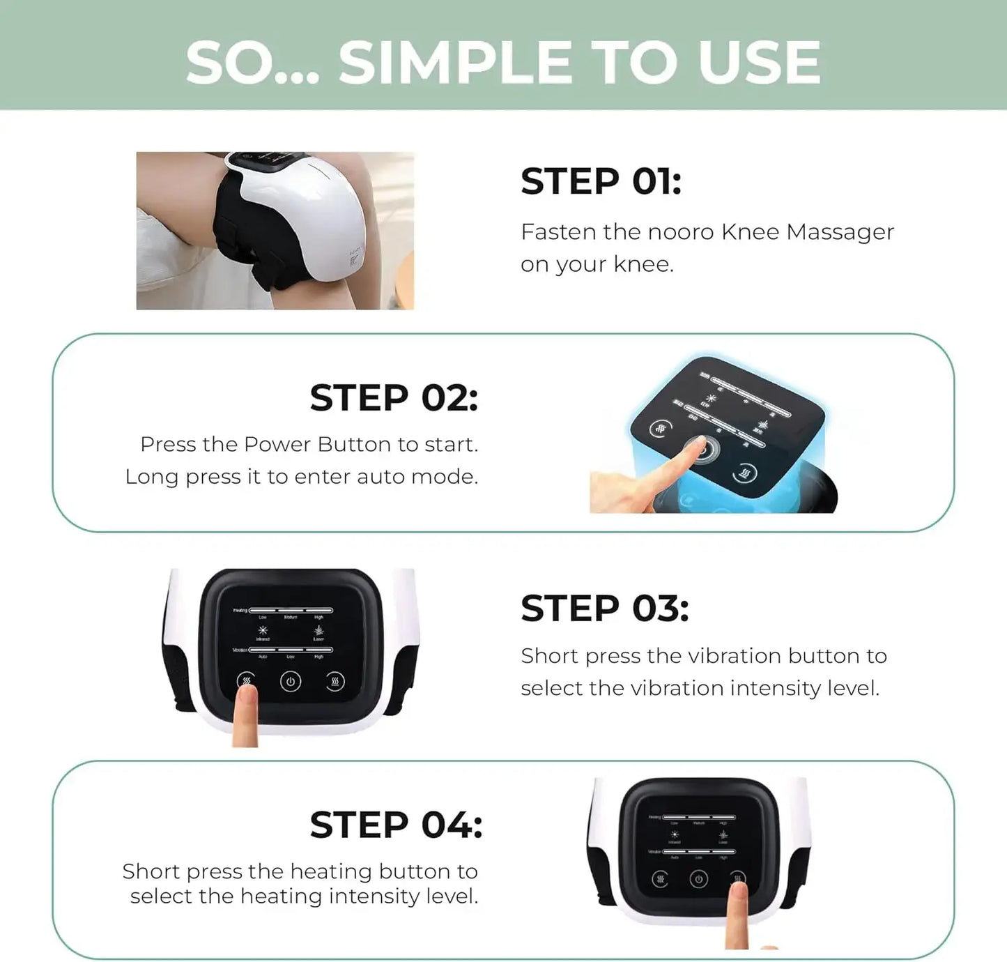 Infographic showing steps to use the ElvoraPro™ 3-in-1 smart knee massager for easy operation.