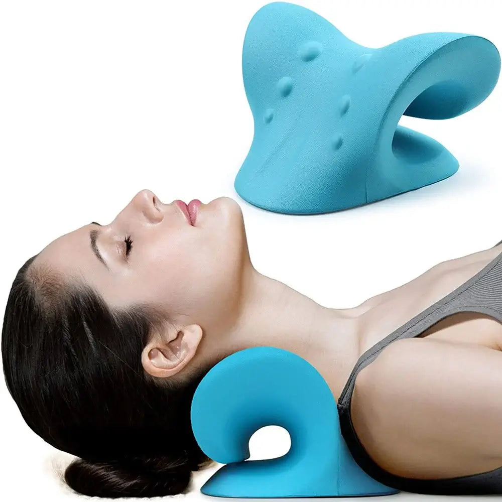 A woman relaxing with the ElvoraPro™ CerviAlign™ Neck & Shoulder Relaxer, focusing on cervical spine support.