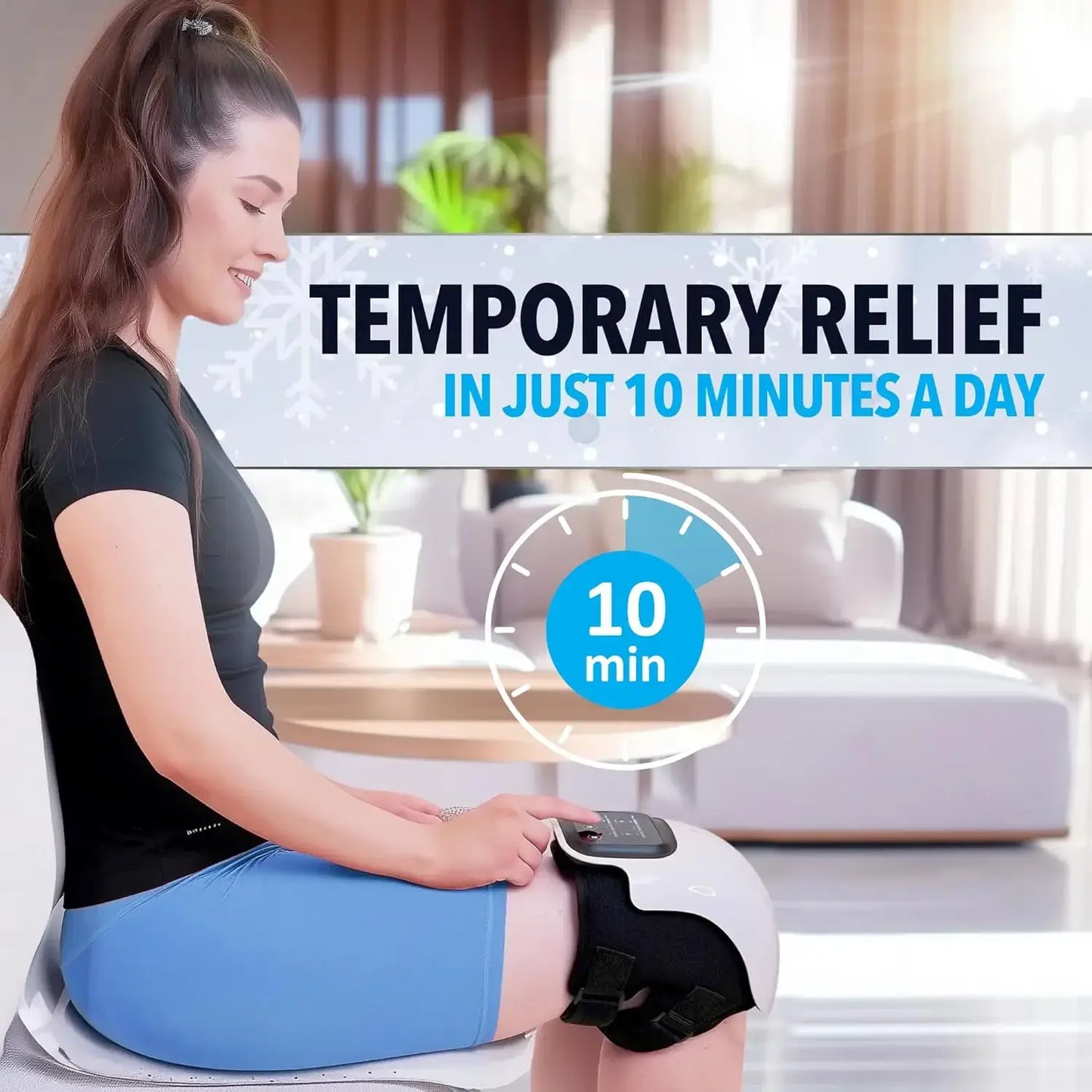 Woman using the ElvoraPro™ 3-in-1 smart knee massager for temporary relief in just 10 minutes a day.