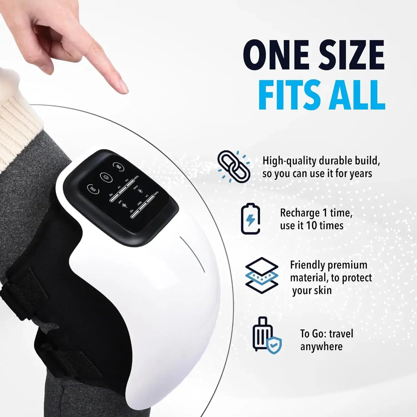 ElvoraPro™ 3-in-1 smart knee massager features a durable build, rechargeable battery, and skin-friendly material.