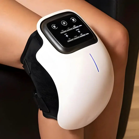ElvoraPro™ 3-in-1 smart knee massager with control panel on a knee for targeted relief and recovery.