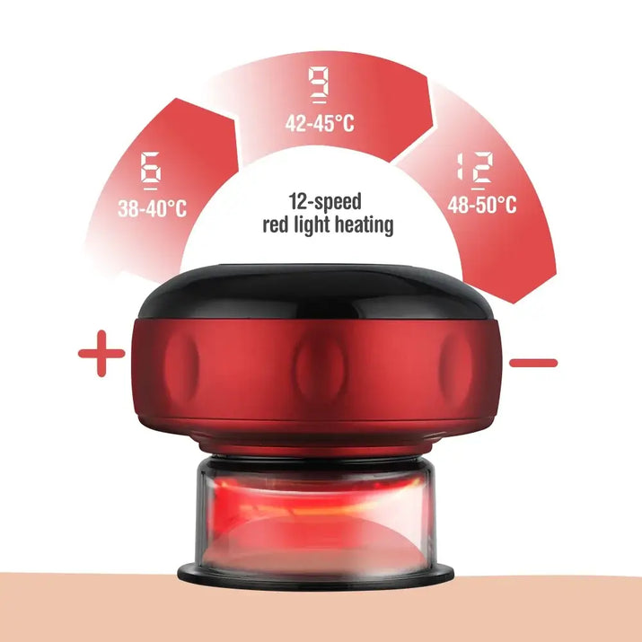 smart cupping massager with 12-speed red light heating settings and temperature display for effective therapy.