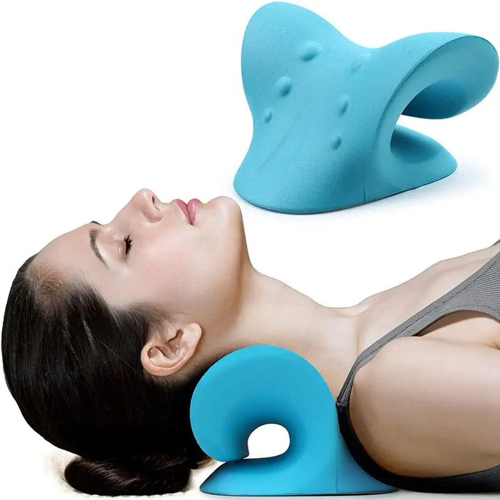 A woman relaxing with the ElvoraPro™ CerviAlign™ Neck & Shoulder Relaxer, focusing on cervical spine support.